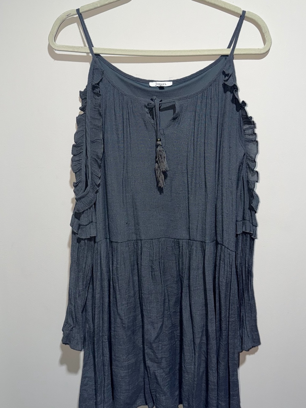 JODIFL Slate Blue Cold-Shoulder Tunic with Tassel Tie
